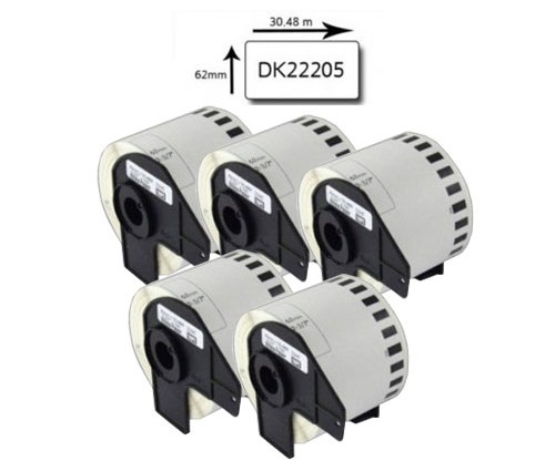 5 Etiquetas Compativeis, Brother DK22205 62mm x 30.48m Rolo Branco