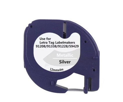 Fita Compativel DYMO S0721730 12m x 4m Texto preto sobre fundo metálico
