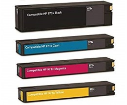 4 Tinteiros Compativeis, HP 973X Preto 182ml + Cores 85ml ~ 10.000 / 7.000 Paginas